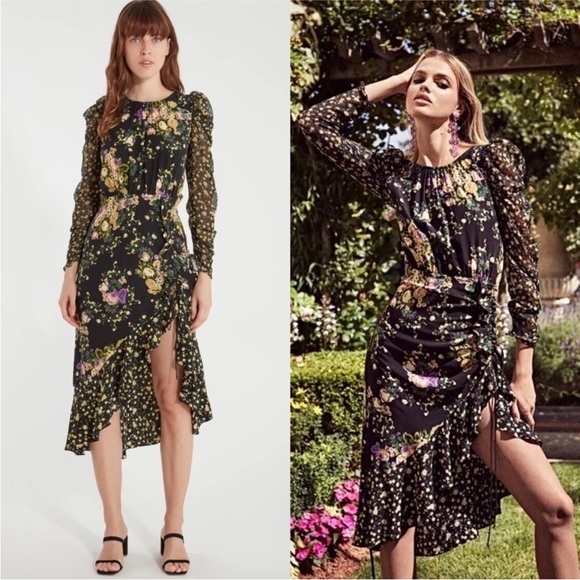 FOR LOVE & LEMONS Floral Long Sleeve Cutout Tie Back Ruched Ruffle Midi Dress - Picture 2 of 4